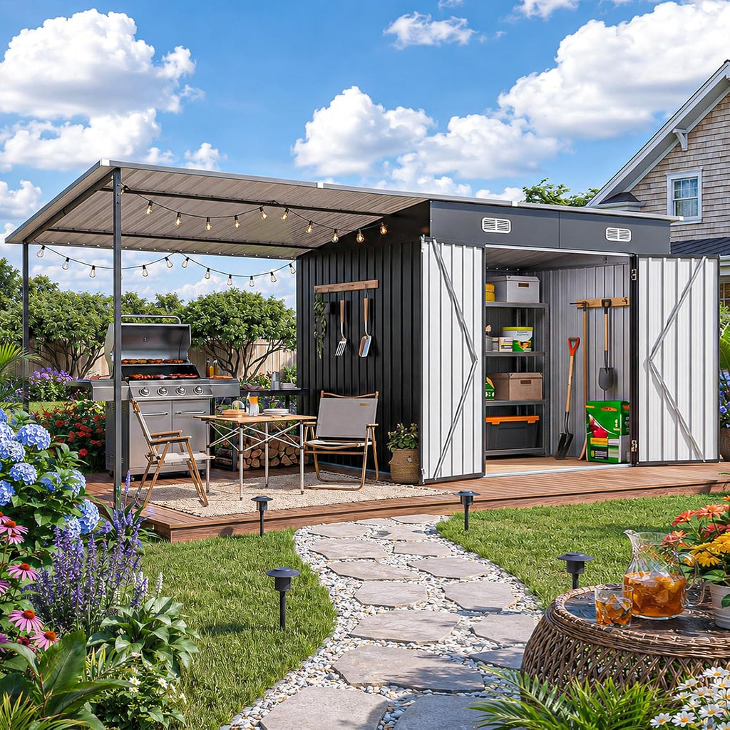 14x6FT Outdoor Lean to Shed & Hardtop Gazebo Combo