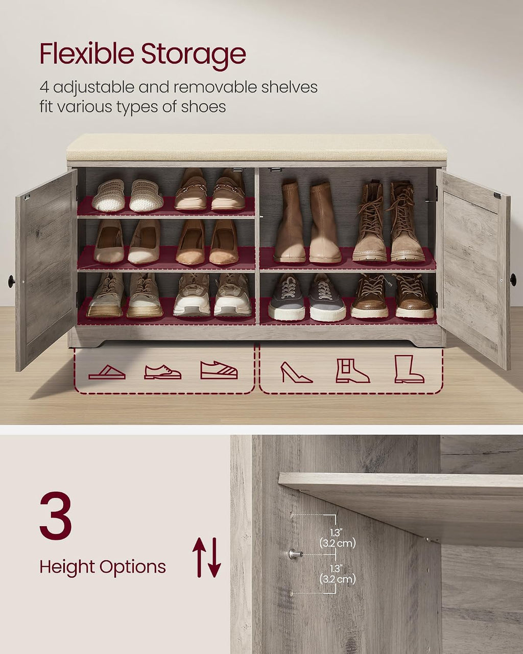 vasagle 3-tier shoe storage bench with cushion, 14, side view