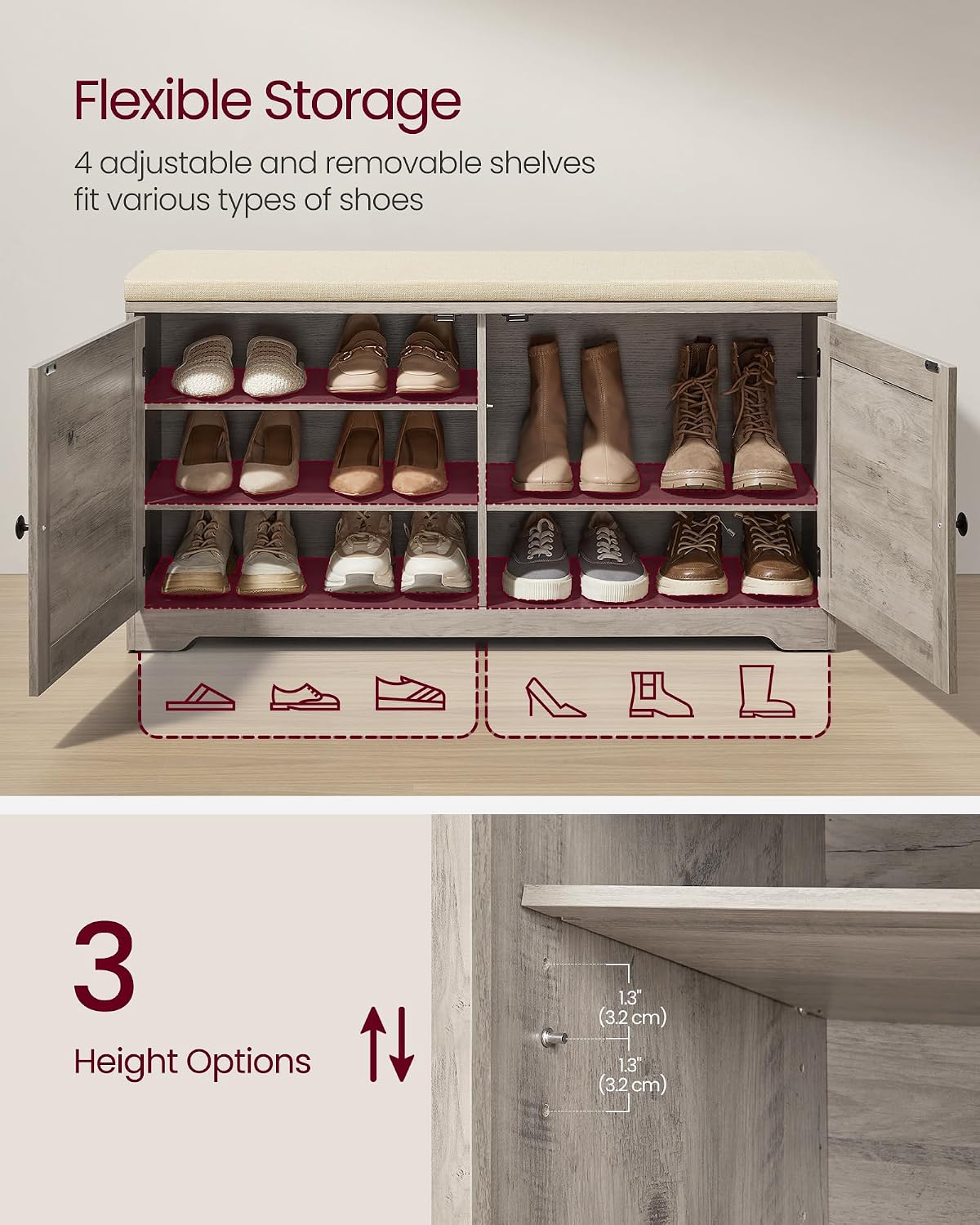 vasagle 3-tier shoe storage bench with cushion, 14, side view