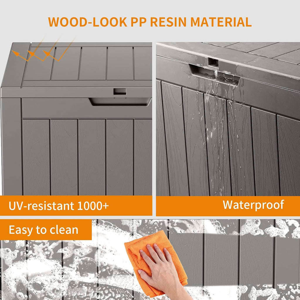 patiozen 30 gallon resin deck box, lockable outdoor, front angle view