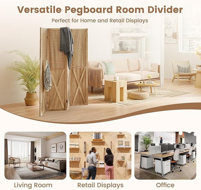 ALeesing 4 Panel Pegboard Wood Room Divider, 5.6Ft Pegboard Display Folding
