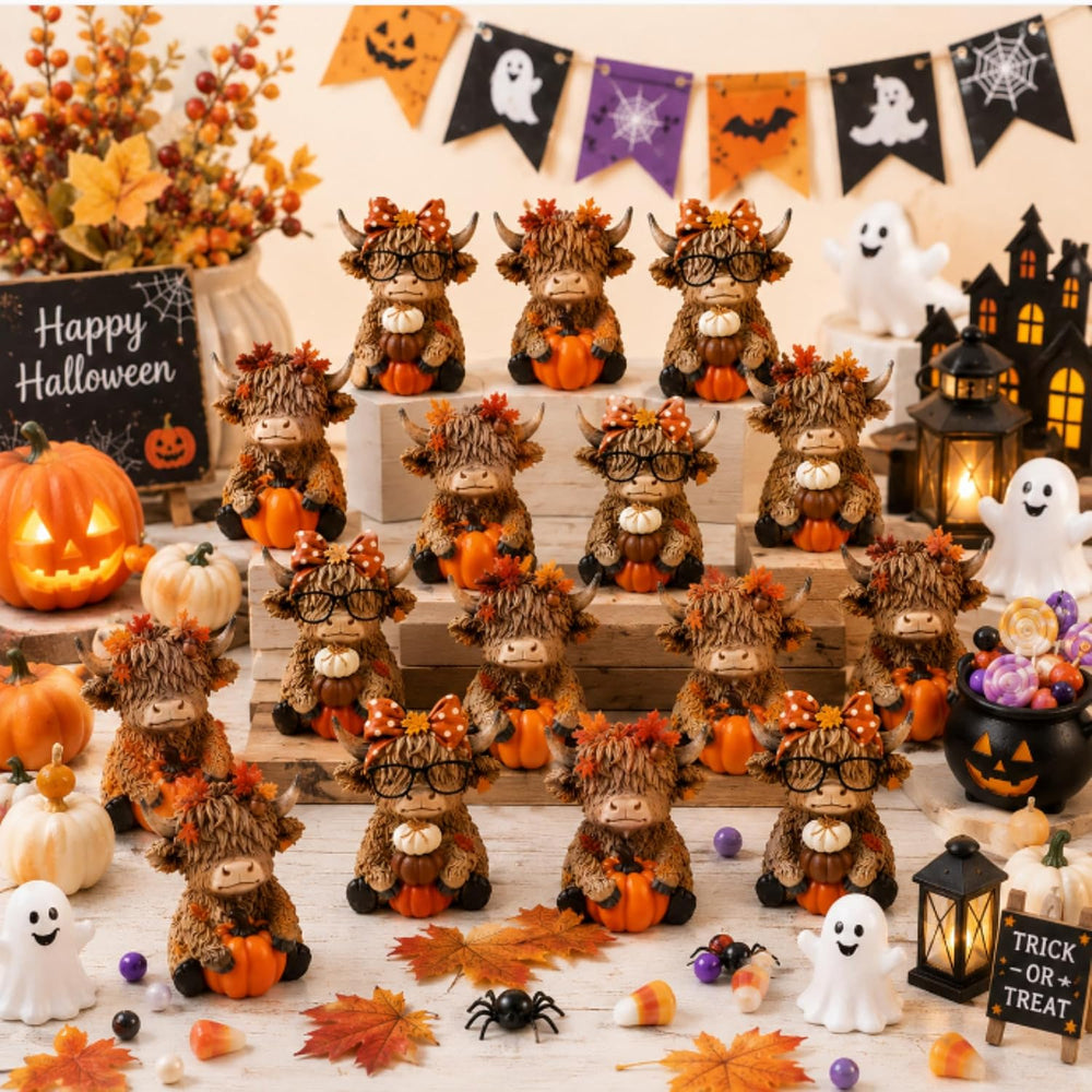 RattanView 96 Pcs Fall Halloween Mini Resin Highland Cow Figurines