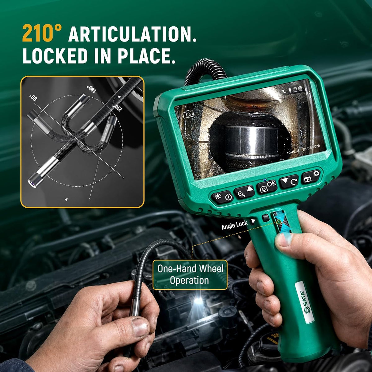 sata articulating borescope camera with light, 210° two-way shown in use