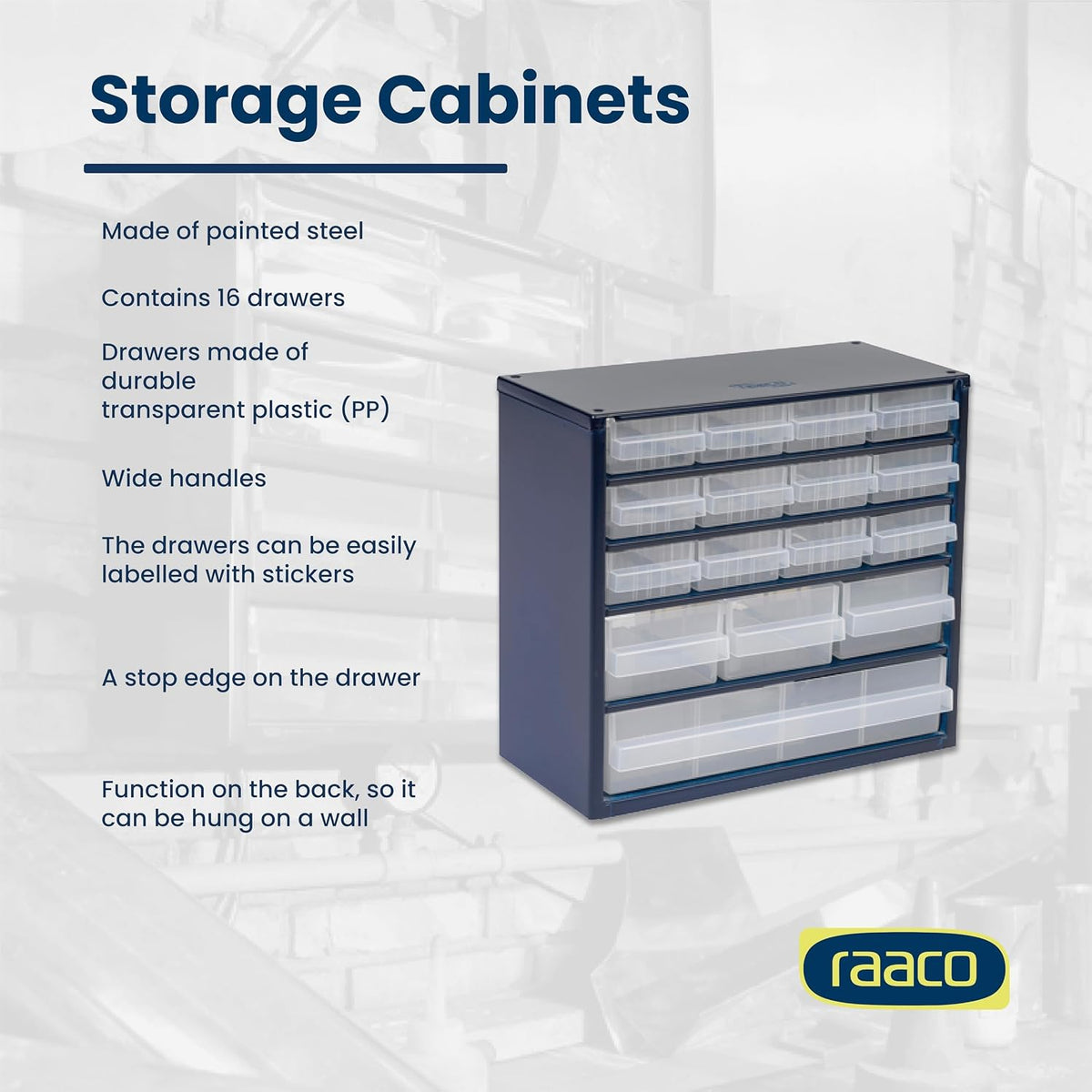 raaco steel storage cabinet, compact 16-drawer (c6-16), tool, side view