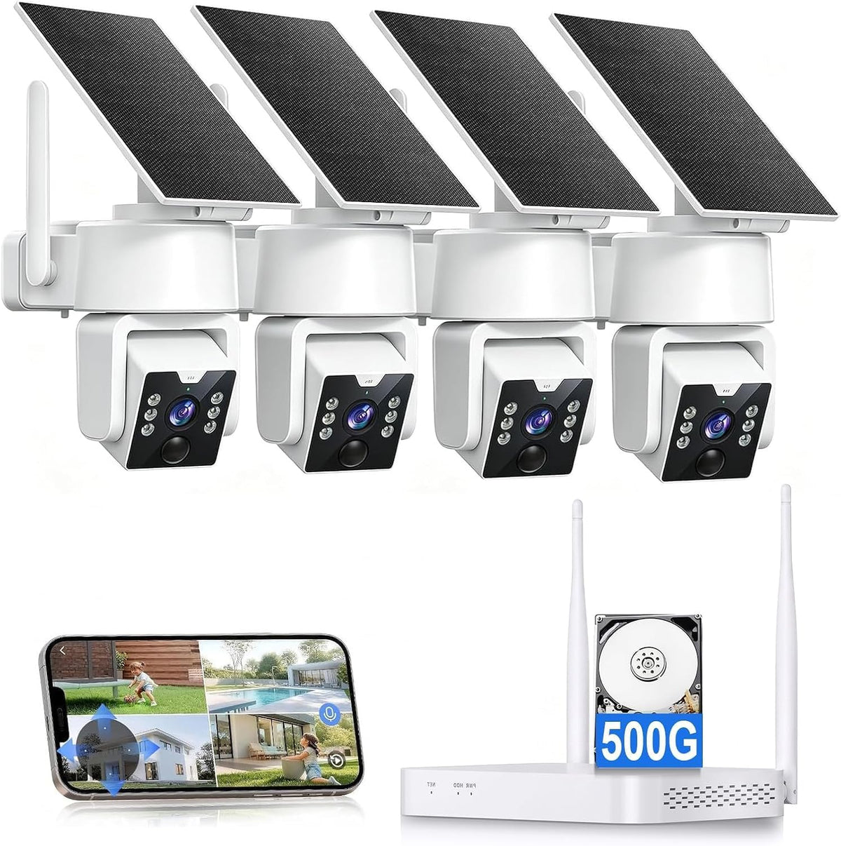 Security Cameras Wireless Outdoor, No Subscription 500GB Local Storage, Solar Powered Cameras For Home Security, PTZ Auto Tracking, 4Cam-Kit, Color Night Vision Home Security Camera System,5G/2.4G