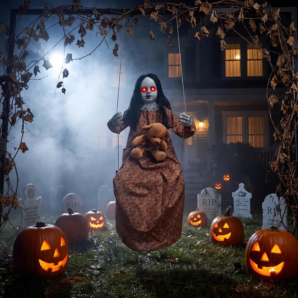 Scary Halloween Decorations Outdoor 45" Hanging Swinging Doll Creepy Girl