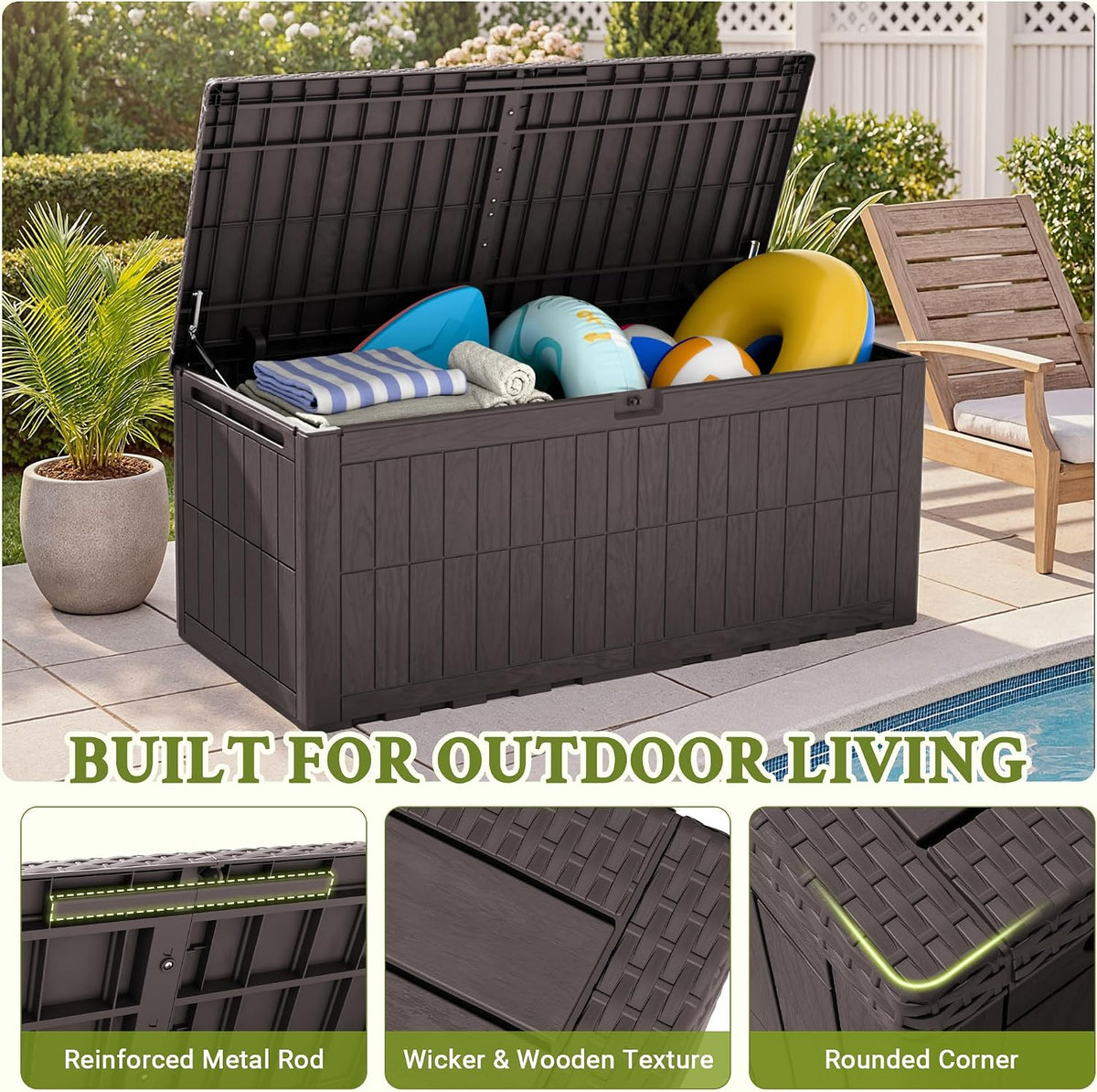 flamaker 180 gallon large outdoor storage box waterproof shown in use