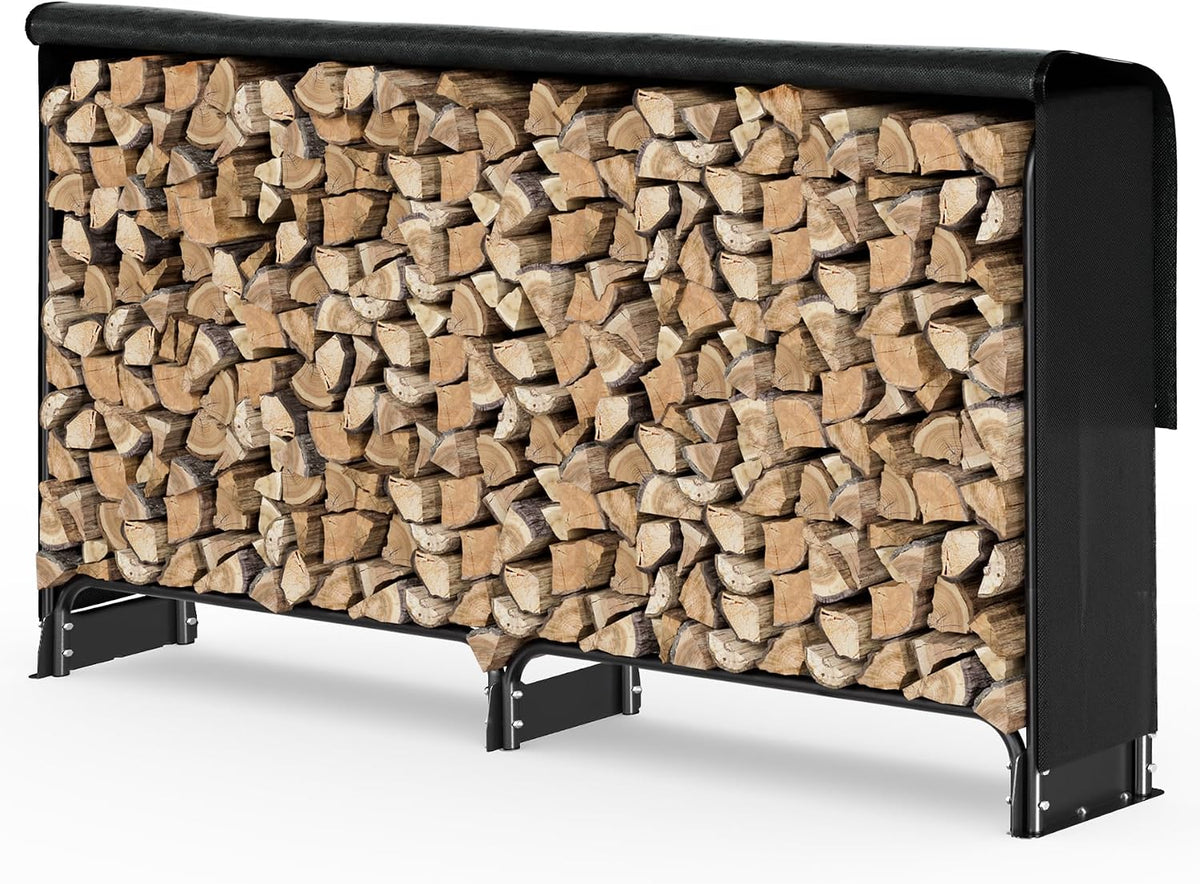 VOUNOT® Firewood Log Rack with Waterproof Cover, Metal Log Store Outdoor, 200 x 116 x 26 cm, Black