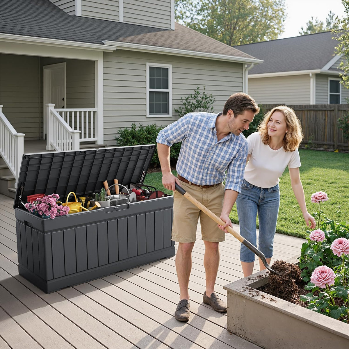 flamaker outdoor storage box 80 gallon resin waterproof shown in use