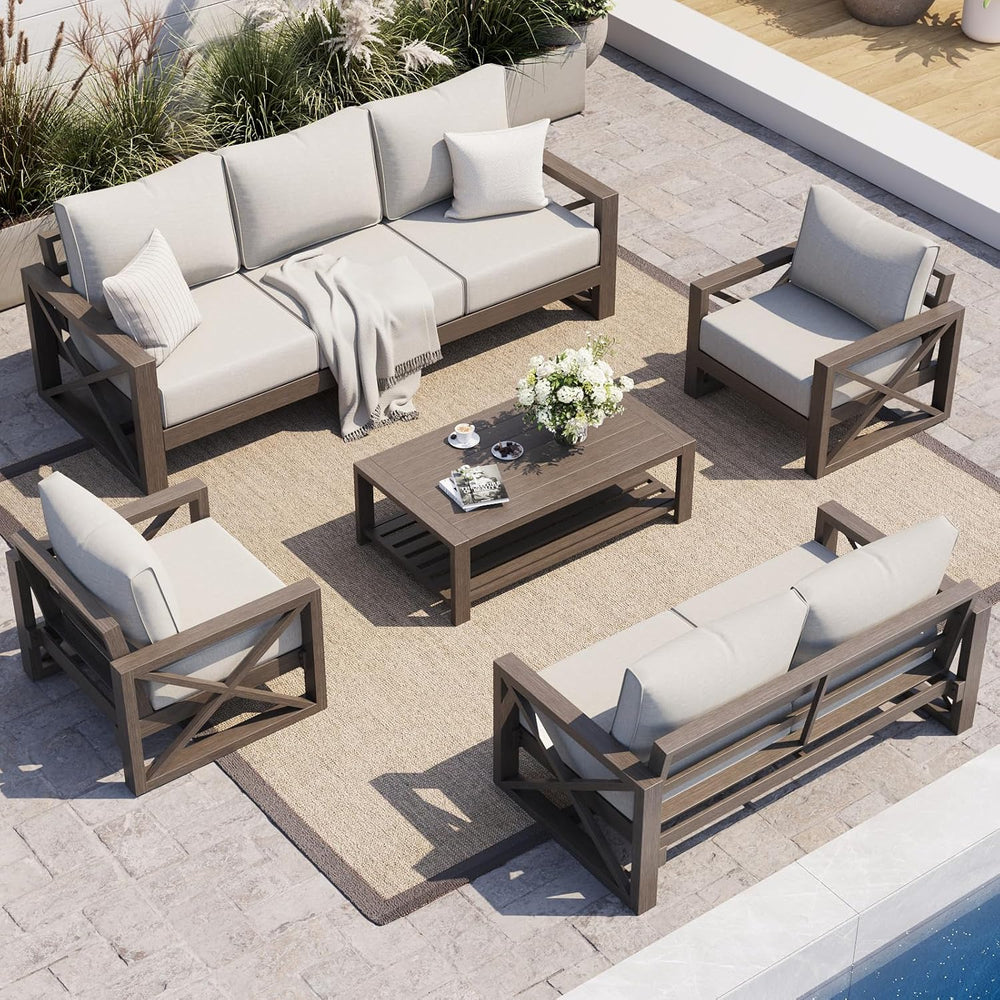 UDPATIO Aluminum Outdoor Patio Furniture Set Faux Wood Grain 5 Pcs Beige