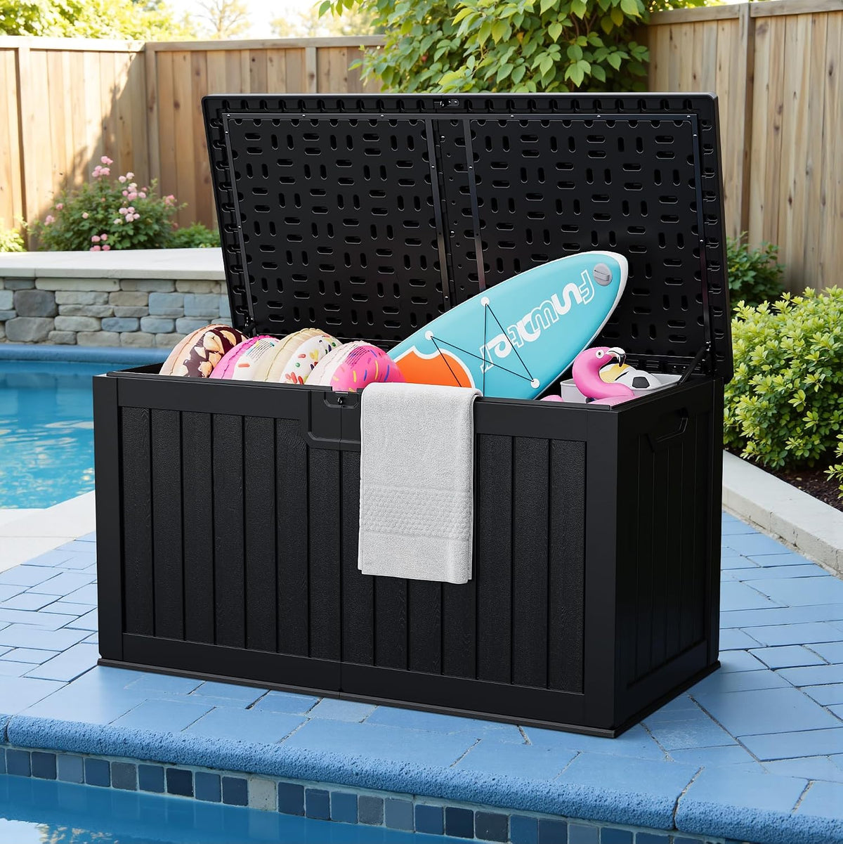 jummico hdpe 250 gallon deck box double-wall with on a desk or shelf