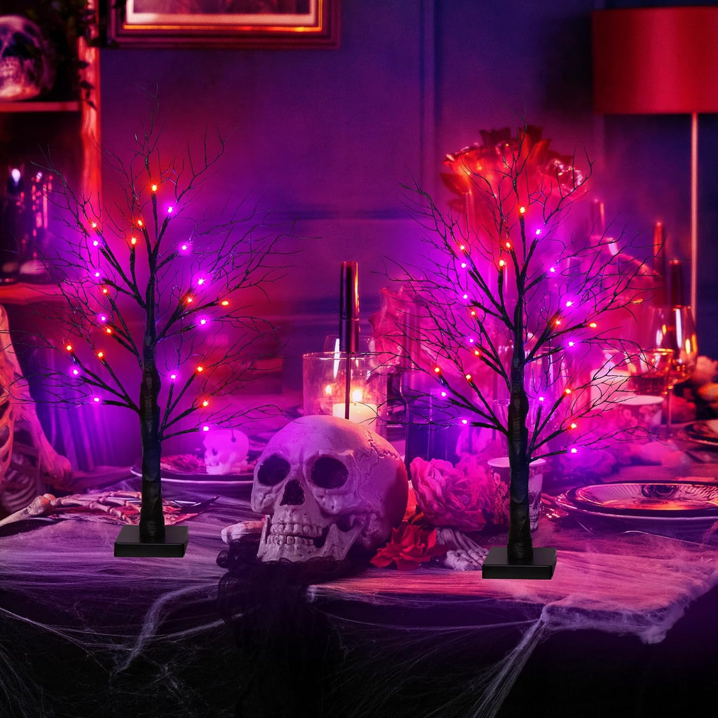 Halloween Decorations Indoor 2 Pack 24 Inch Black Halloween Tree with 48 Orange & Purple Lights, USB or Battery Operated Halloween Table Decorations Lighted Tabletop Spooky Tree Home Decor Office