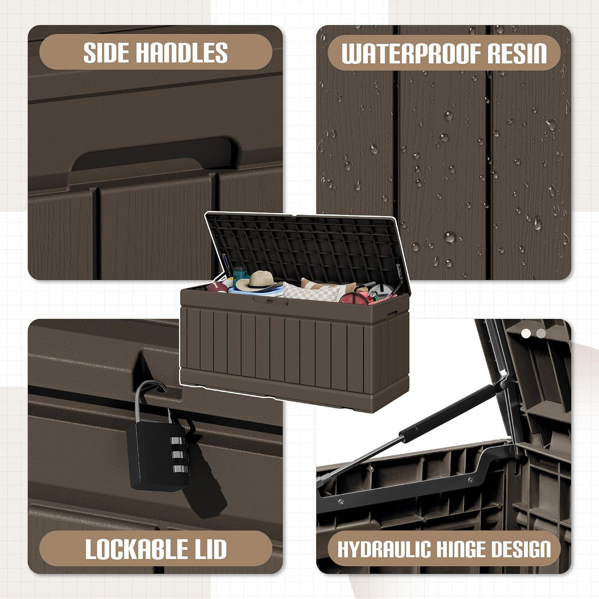 jummico 78 gallon deck box waterproof resin outdoor shown in use
