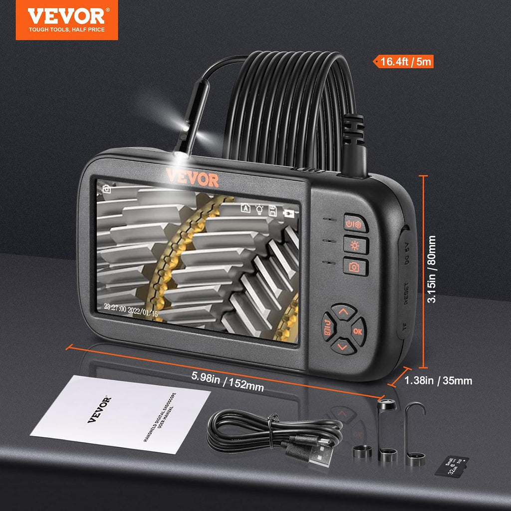 vevor triple lens endoscope camera, 4.5" ips screen, front angle view