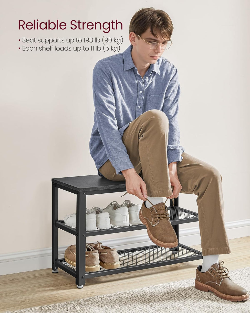 vasagle 3-tier shoe rack, storage bench with metal, side view