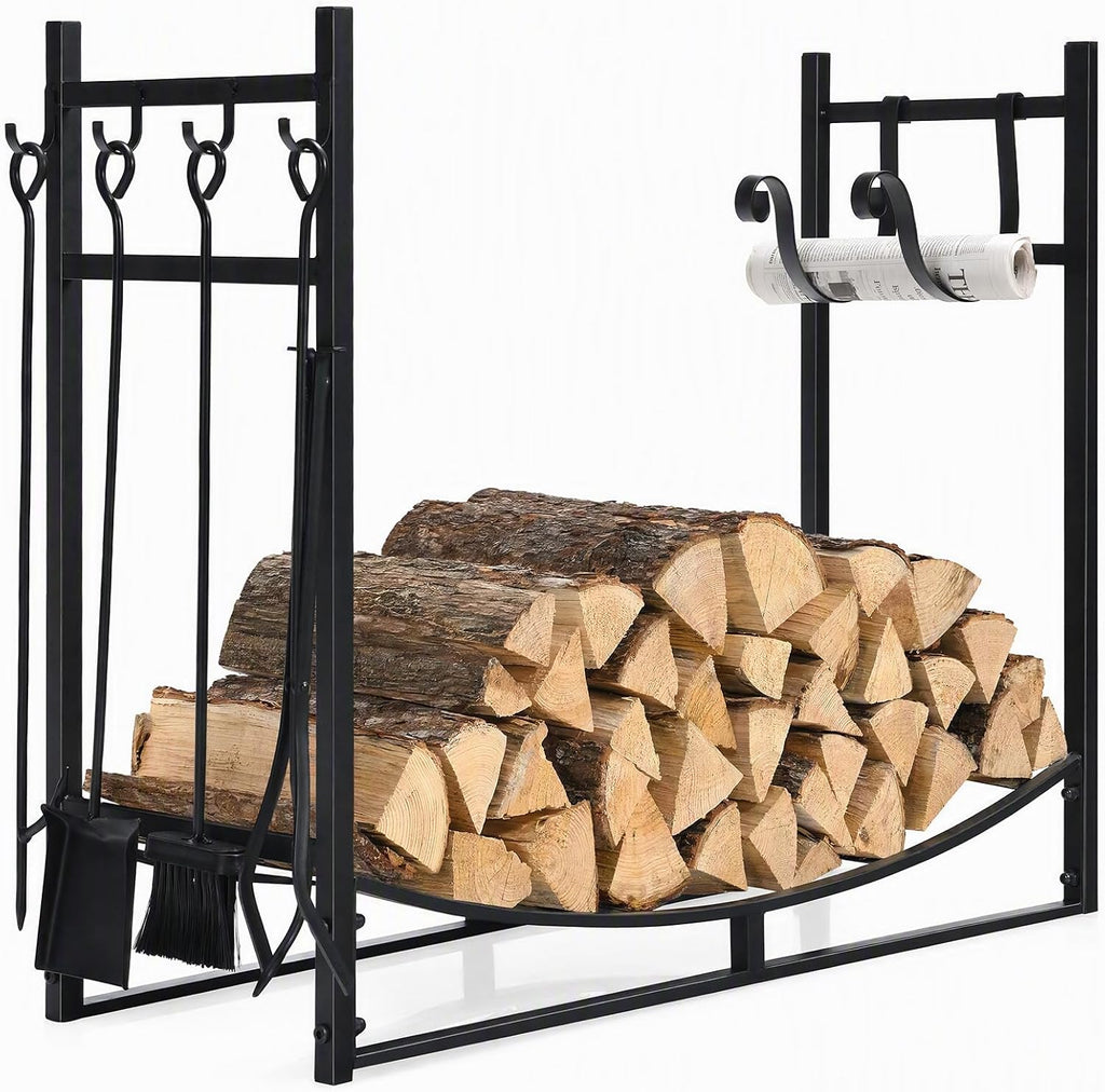 Goplus Firewood Rack Indoor, 36” Firewood Holder with 4- Piece Fireplace Tools-Shovel, Poker, Tongs, Brush, Kindling Holders, Heavy Duty Indoor Log Storage Rack, Outdoor Wood Rack for Fire Pit, Stove