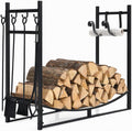 Goplus Firewood Rack Indoor, 36” Firewood Holder with 4- Piece Fireplace Tools-Shovel, Poker, Tongs, Brush, Kindling Holders, Heavy Duty Indoor Log Storage Rack, Outdoor Wood Rack for Fire Pit, Stove