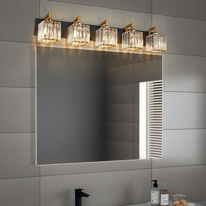 FDPBY Modern Bathroom Vanity Light 5-Lights Black Gold Crystal Wall Lamp