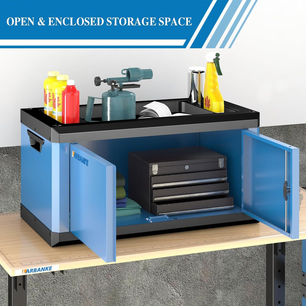 LARBANKE Heavy-Duty Lockable Double-Door Tool Box with Multifunctional Countertop,Portable Tool Box with Connecting Holes for Expansion,Durable Construction for Garage,Workshop,Warehouse Organization