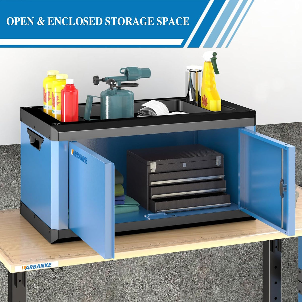LARBANKE Heavy-Duty Lockable Double-Door Tool Box with Multifunctional Countertop,Portable Tool Box with Connecting Holes for Expansion,Durable Construction for Garage,Workshop,Warehouse Organization