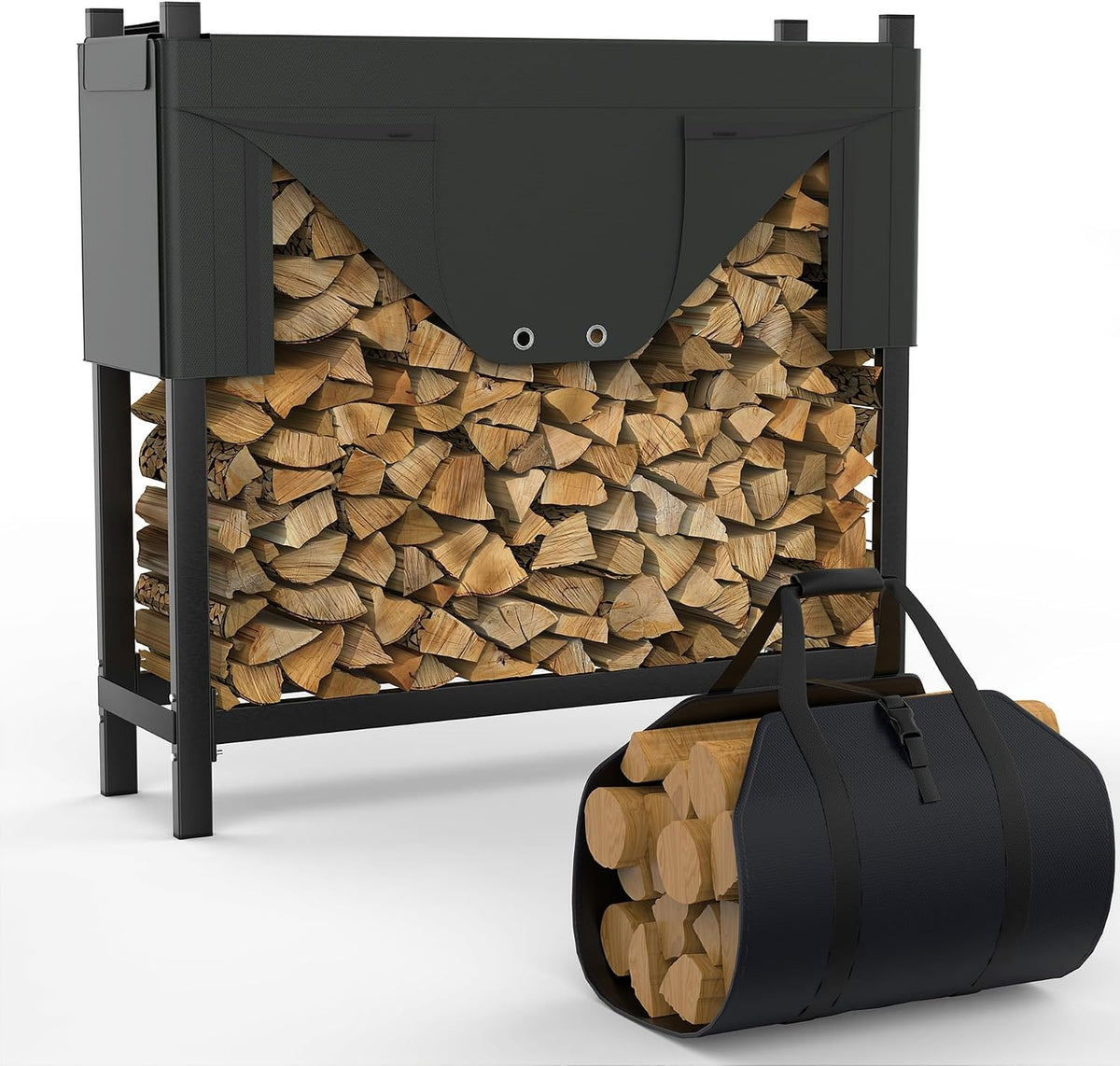 WALMANN Heavy-Duty Firewood Rack with Cover & Firewood Carry Bag, 4 ft