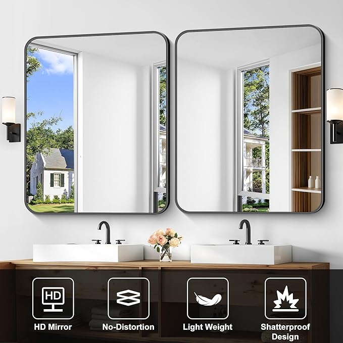 Bathroom Mirror, 36 x 30 inch Metal Framed Black Rectangle Mirror, Rounded