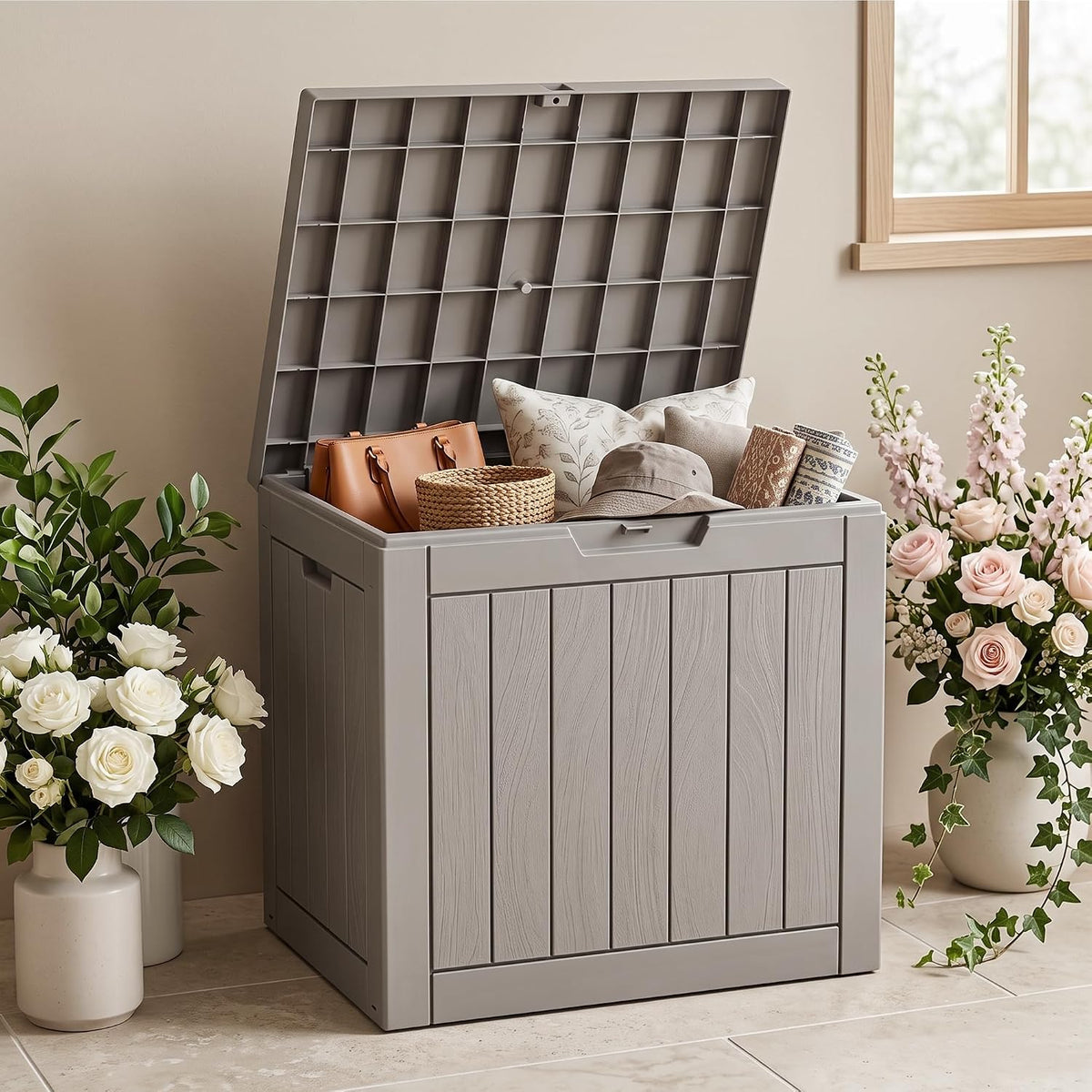 30 Gallon Outdoor Storage Box, Waterproof Resin Deck Box with Side Handles, Lockable Outdoor Bench for Indoor & Outdoor Use, Storage Bin for Patio Cushions, Garden Tools