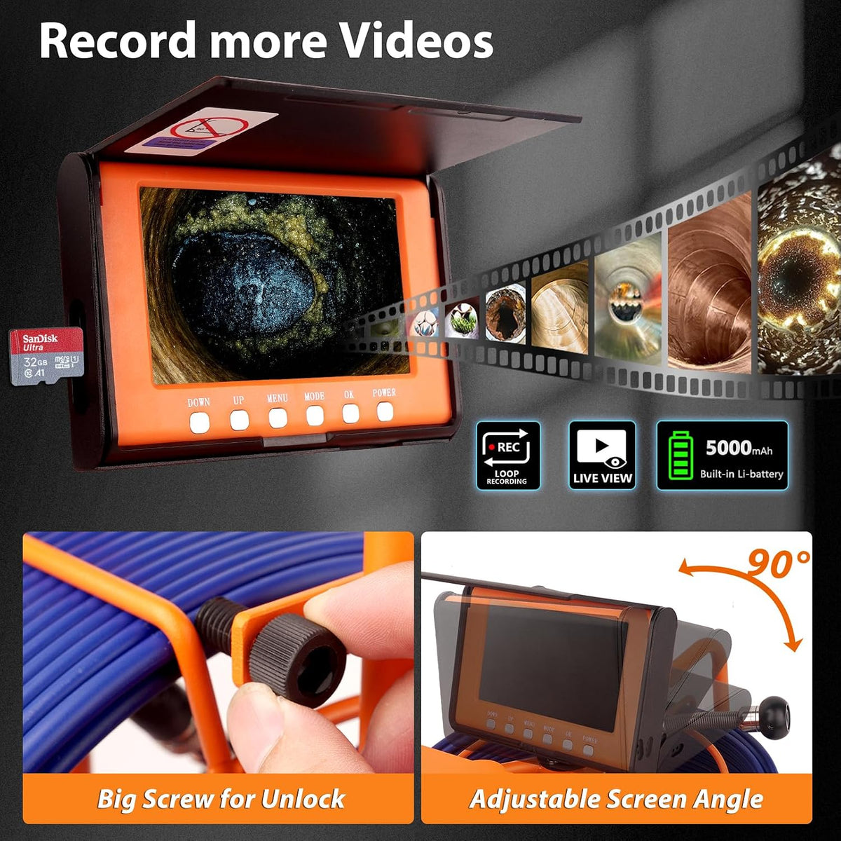 sewer camera 100ft/30m pipe inspection borescope endoscope camera, side view