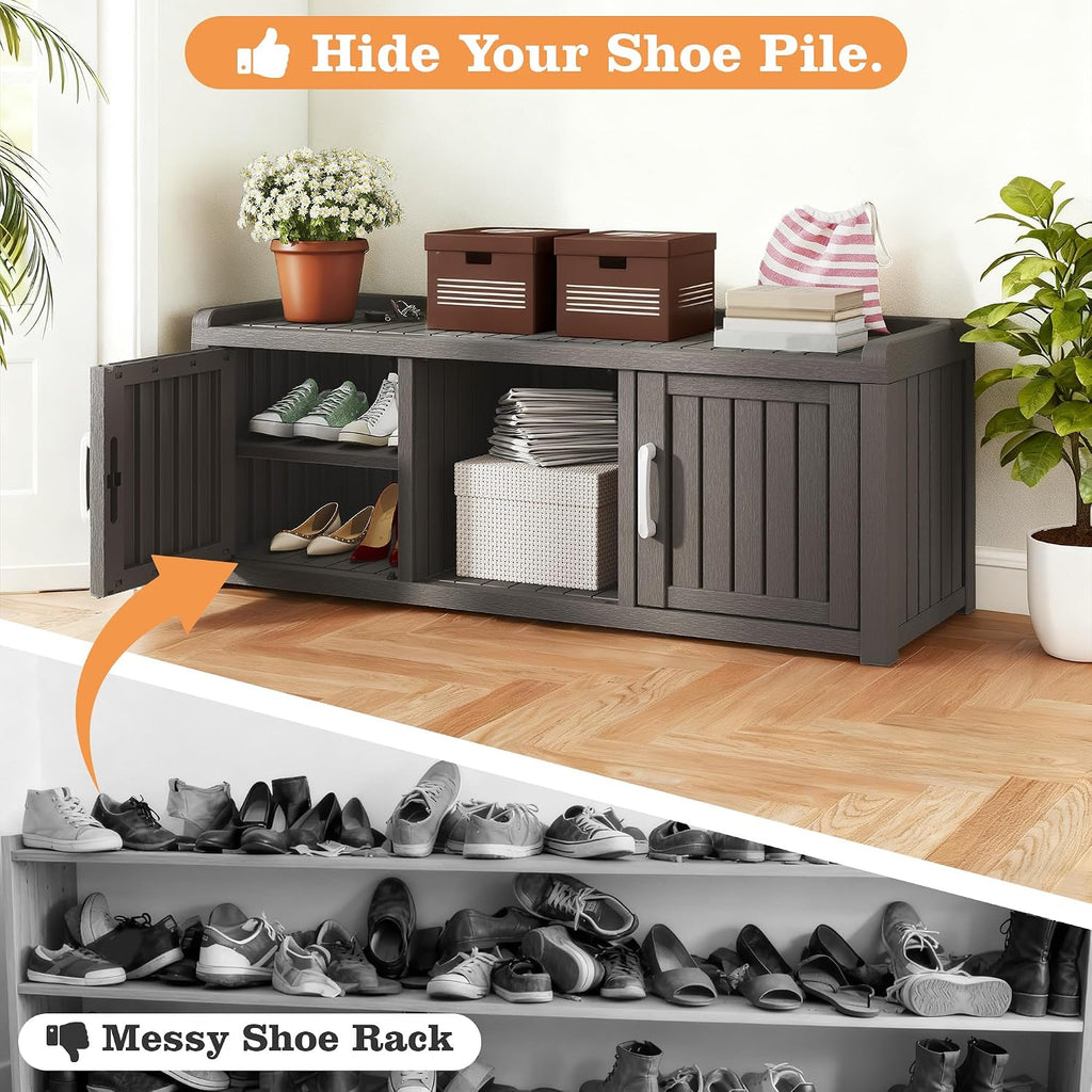 outdoor shoe bench with waterproof uv-resistant indoor resin showing dimensions