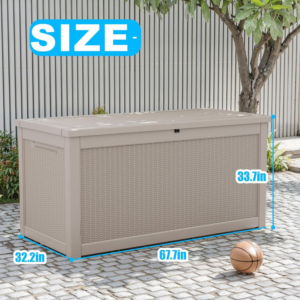 321 gal outdoor storage box lockable waterproof deck, side view