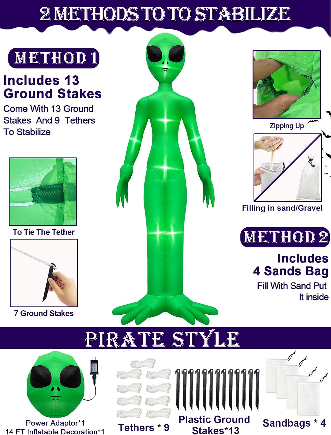 14 Ft Giant Halloween Inflatable Alien Decoration with Built-in LEDs