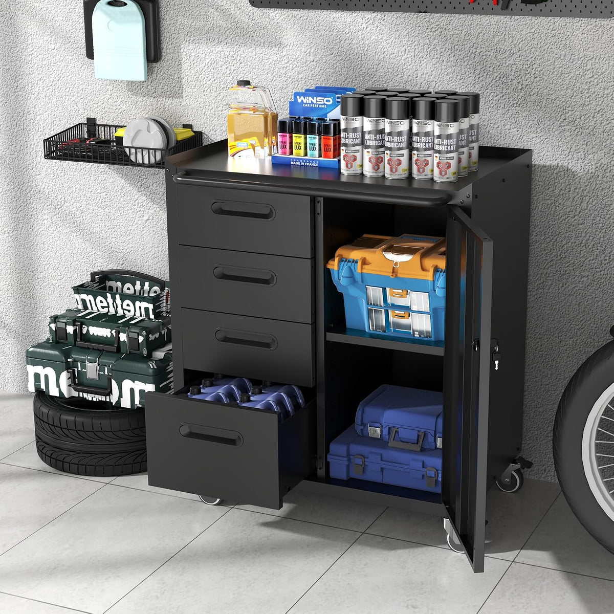 metal storage cabinet for garage, tool cabinet, utility shown in use