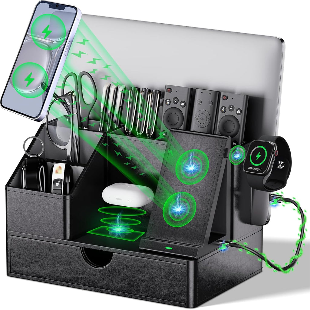 Black PU Leather Multi-Device Charging Station