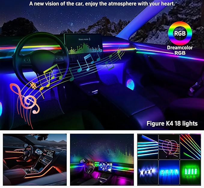 Acrylic Interior Car LED Strip Lights, Colorful 18-in-1 Car Ambient Lighting Kit