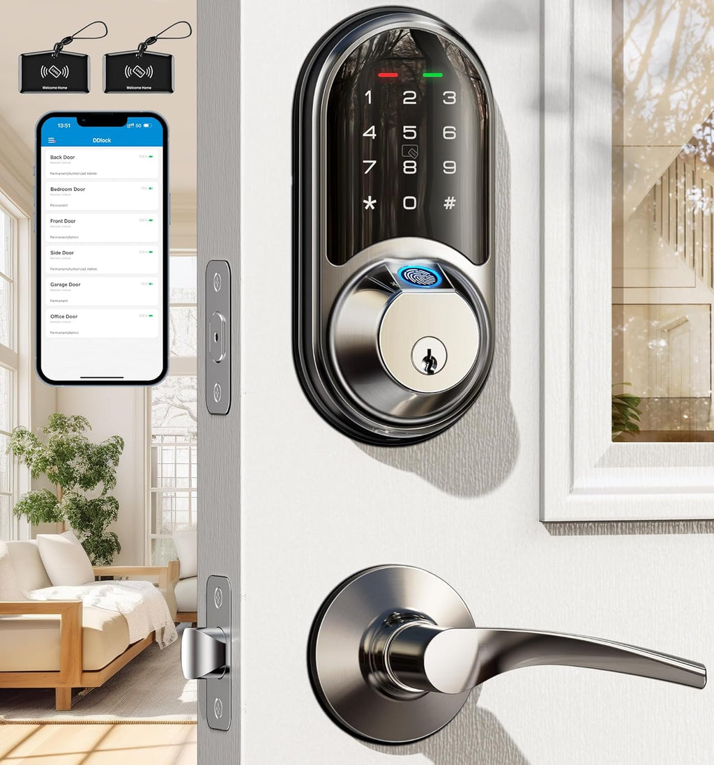 Veise RZ07B Fingerprint Smart Lock with 2 Lever Handle Set, Satin Nickel