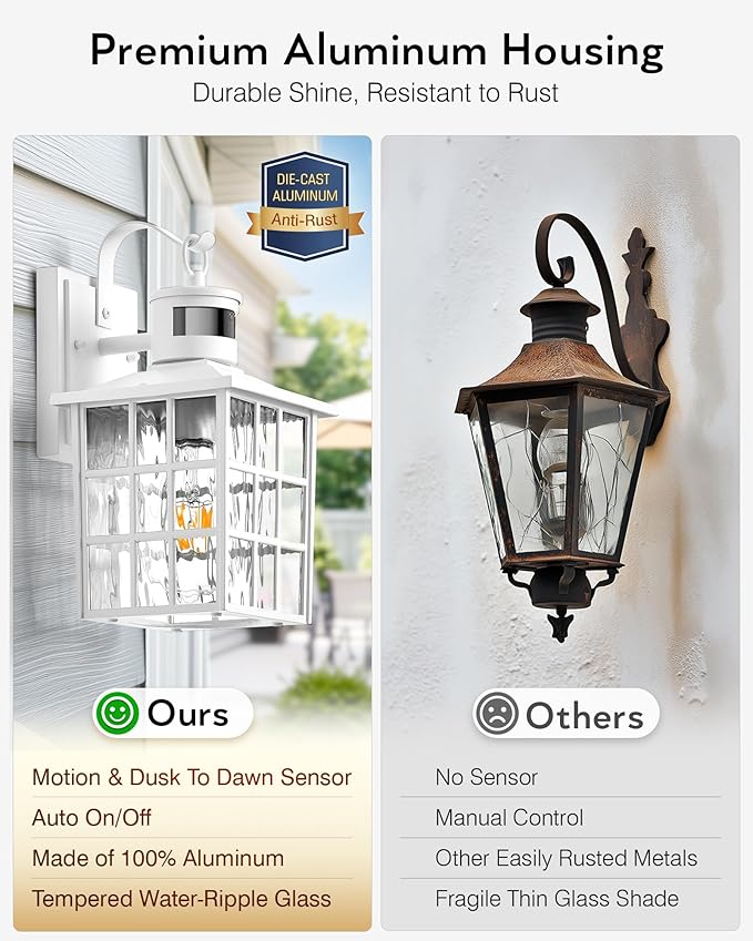 VIANIS White Motion Sensor Exterior Wall Lantern, 2 Pack Dusk to Dawn Outdoor