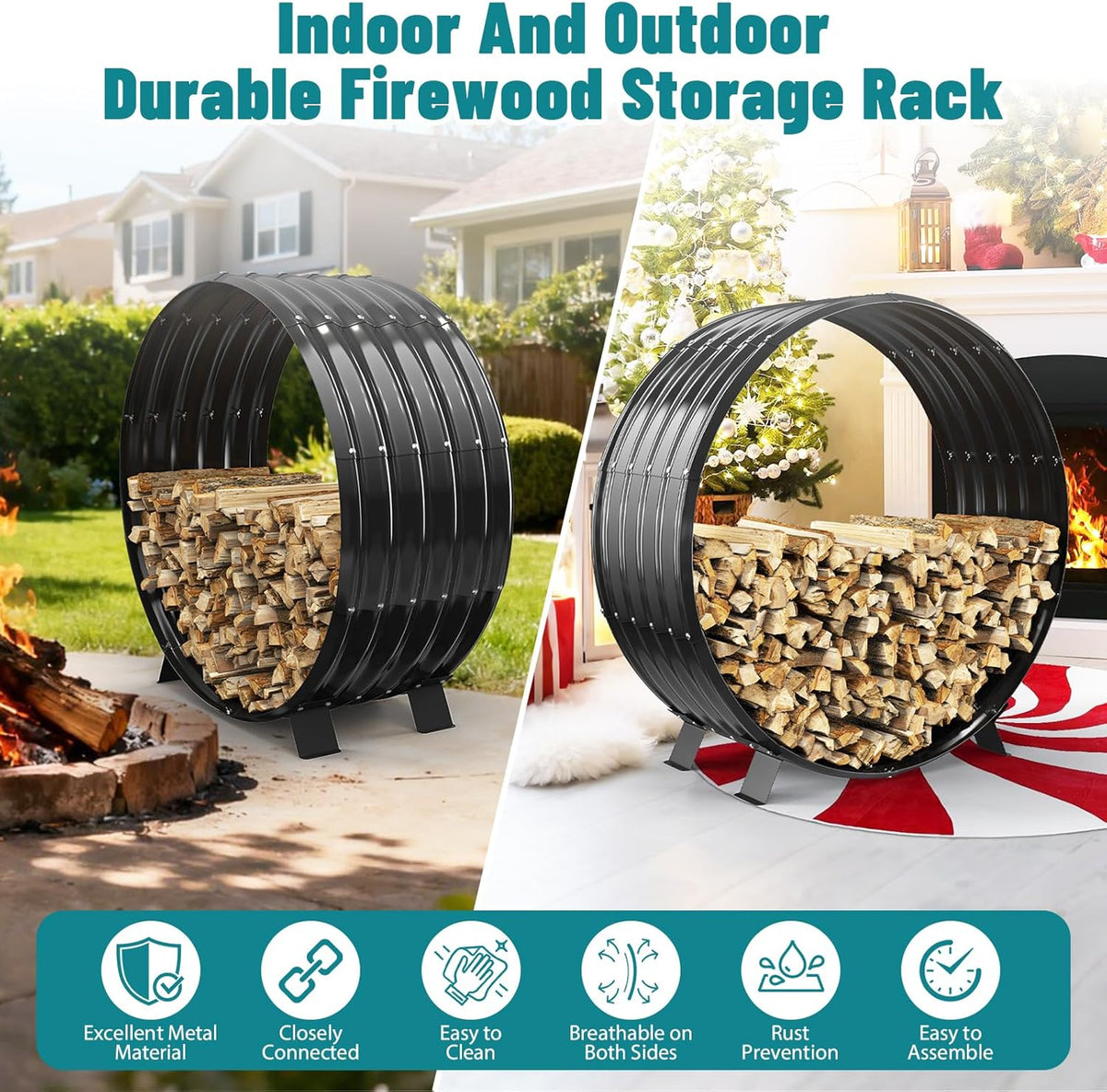 3.3 ft diameter round firewood rack with 4, close-up detail