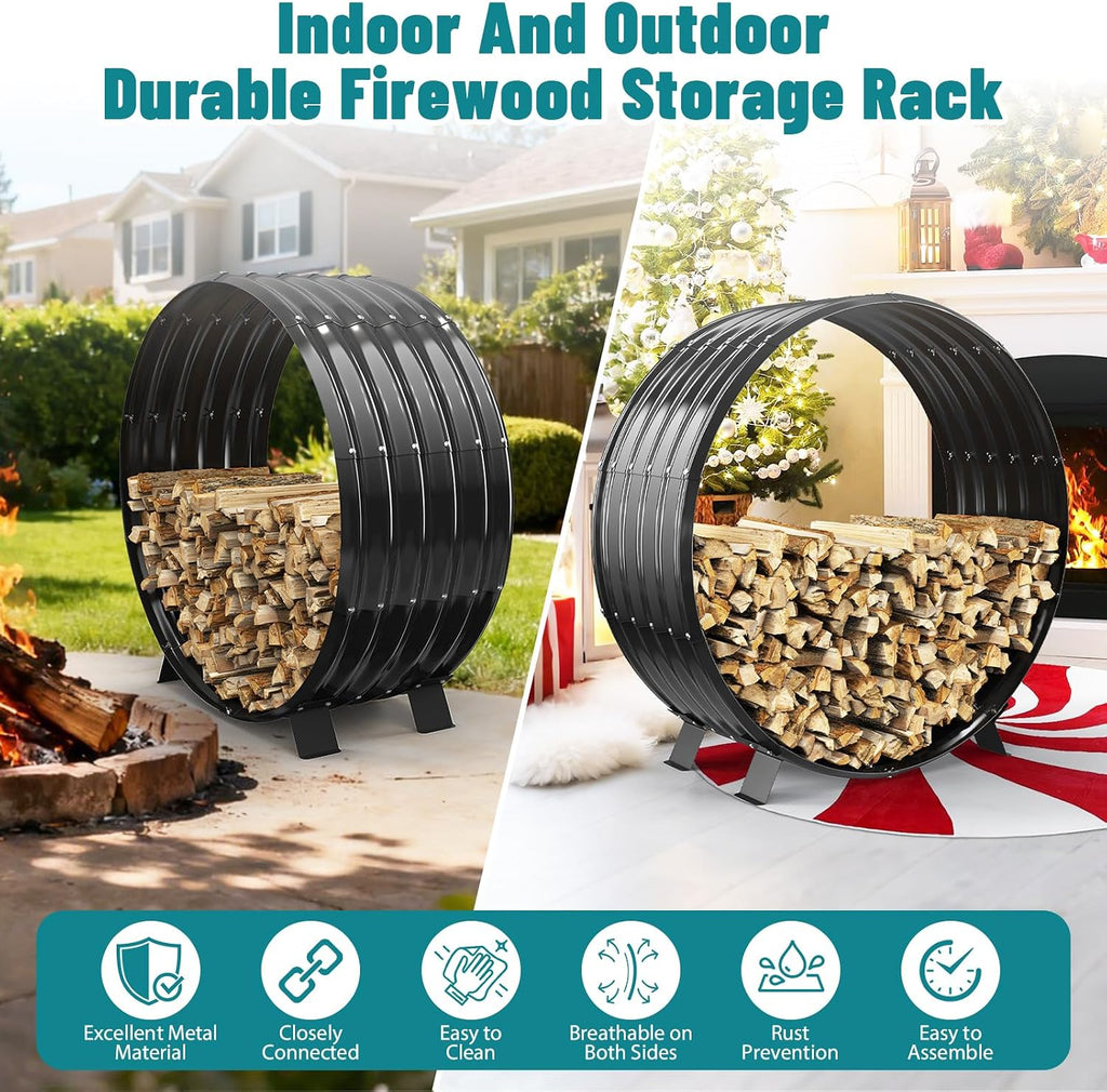 3.3 ft diameter round firewood rack with 4, close-up detail