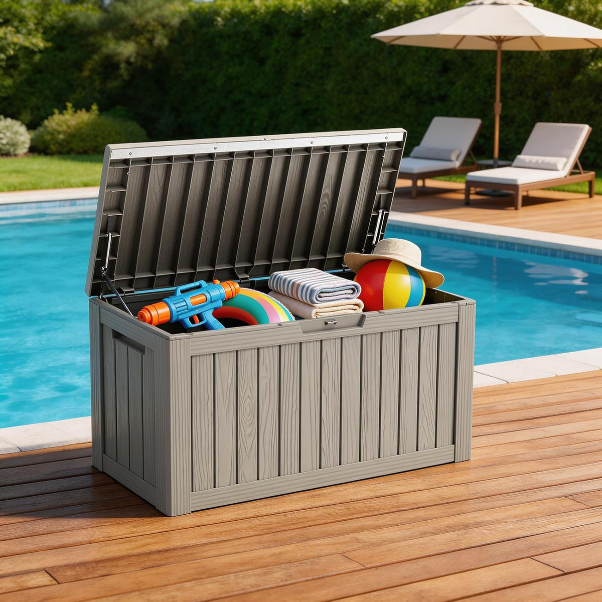 outdoor deck storage box, 90 gallon deck box,lockable showing dimensions