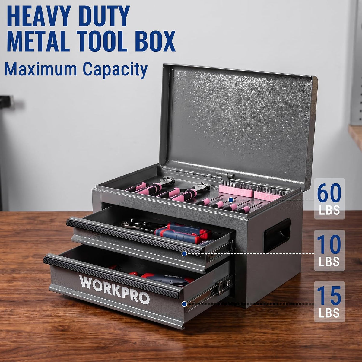 workpro 15-inch metal tool box with 2 drawers, close-up detail