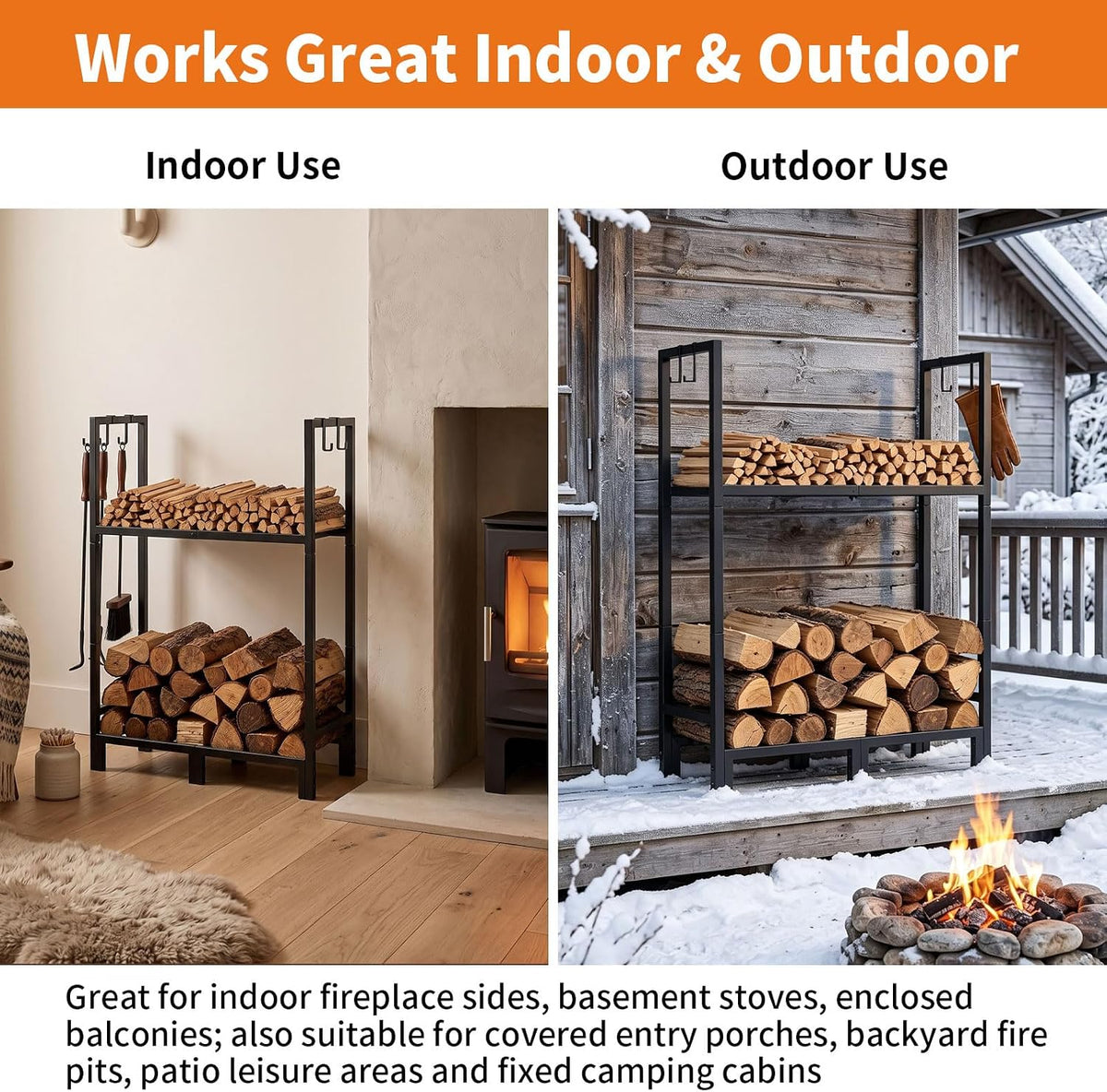 Firewood Rack Indoor Outdoor with Log Carrier, 2-Tier Heavy Duty Firewood Log Rack Holder with 4 PCS Fireplace Tools Hooks, Stable Log Holder Rustproof Metal Wood Rack for Fireplace Patio Deck