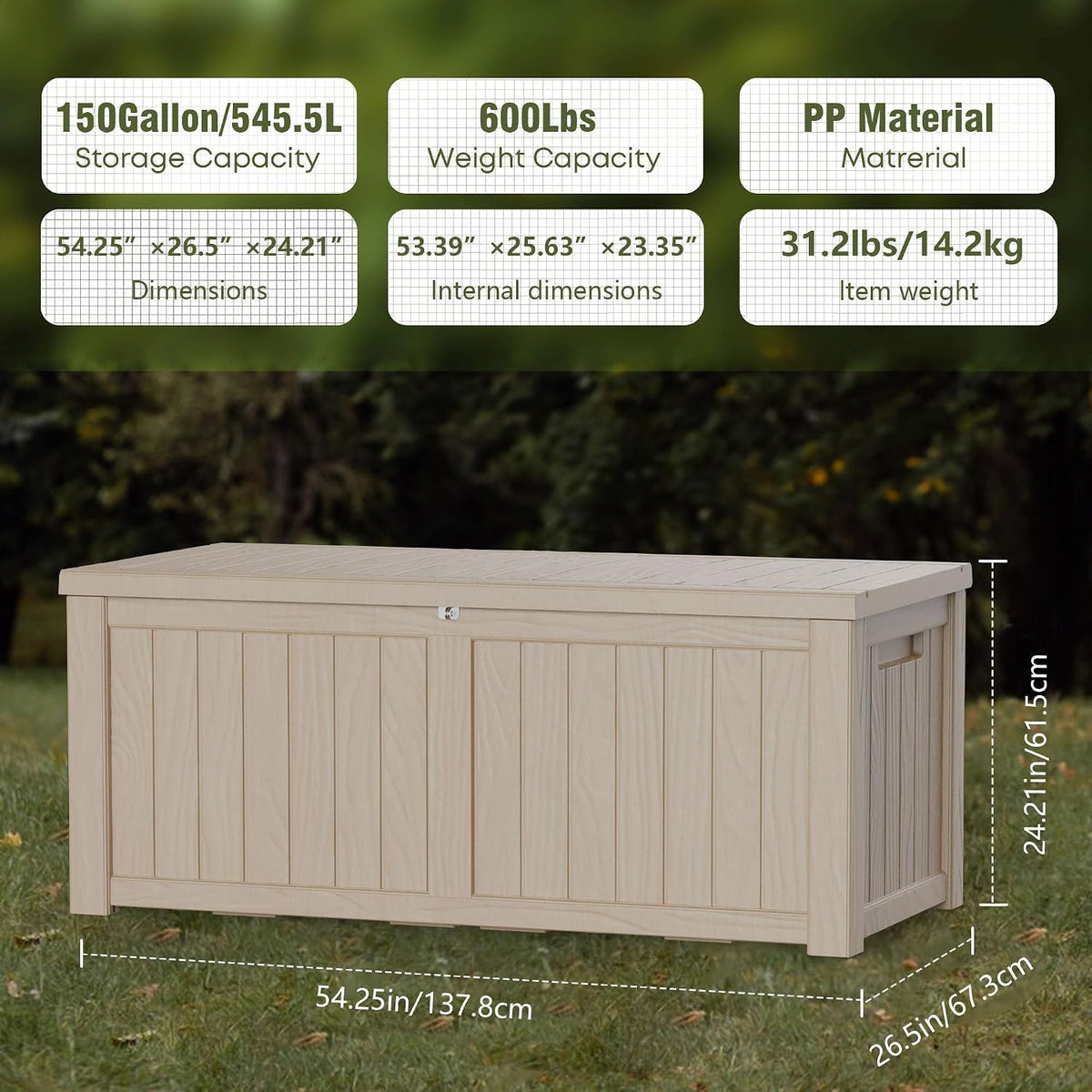 outdoor storage box, 150 gallon waterproof deck box, close-up detail