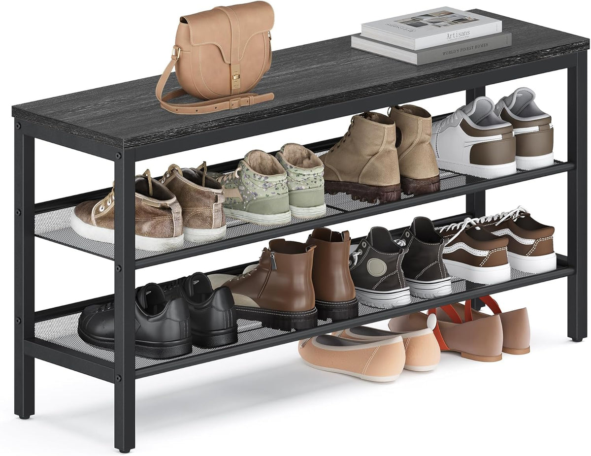VASAGLE 3 Tier Shoe Rack Bench, One Piece Shelves, Shoe Storage Organizer with Raised Edges, Industrial Style, Easy Assembly, 11 x 39.4 x 19.7 Inches, Charcoal Gray and Matte Black ULSB075BA01S