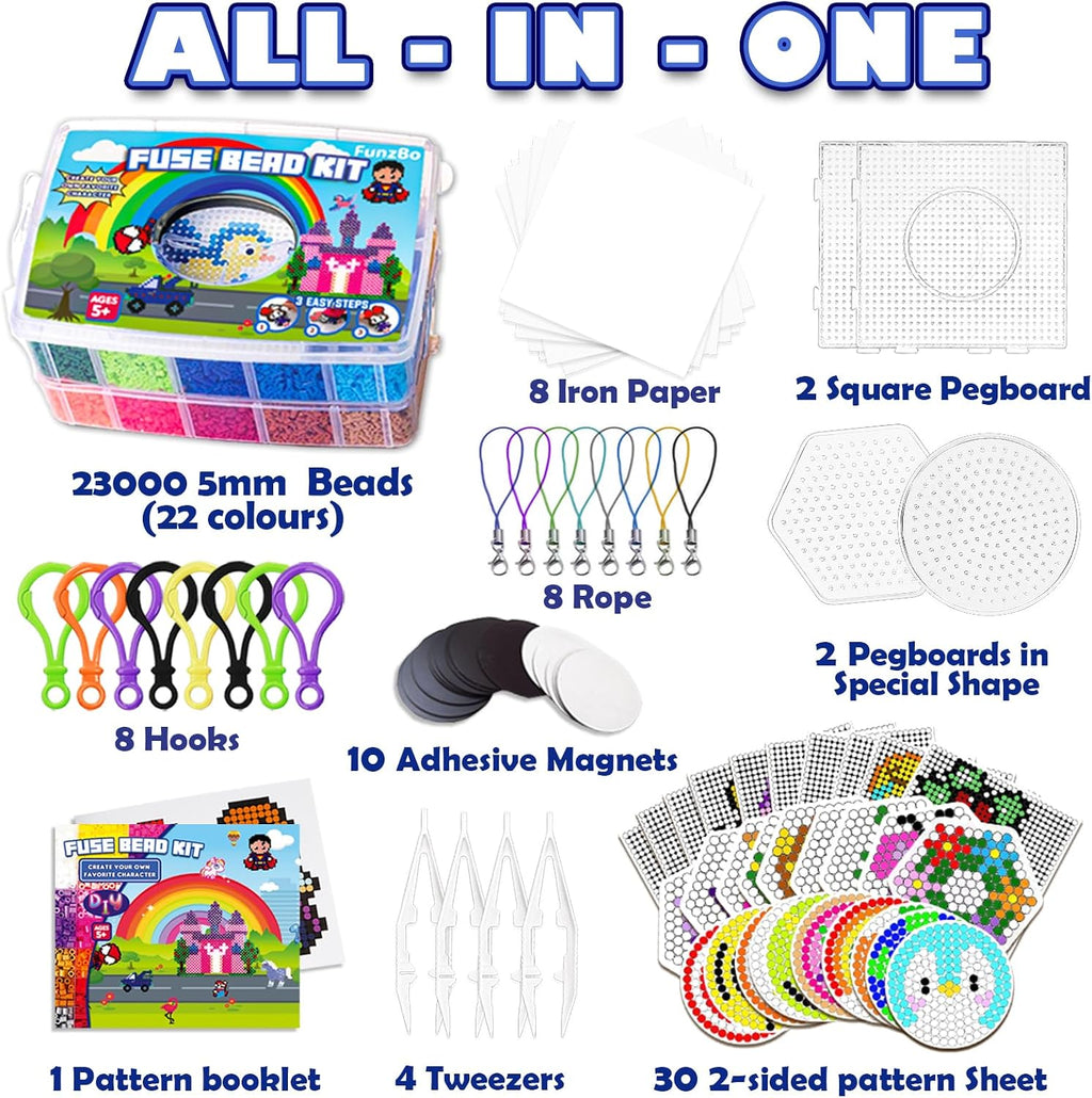 FUNZBO 23000 5mm Fuse Beads Kit for Craft Gifts - 22 Colors | 106 Patterns