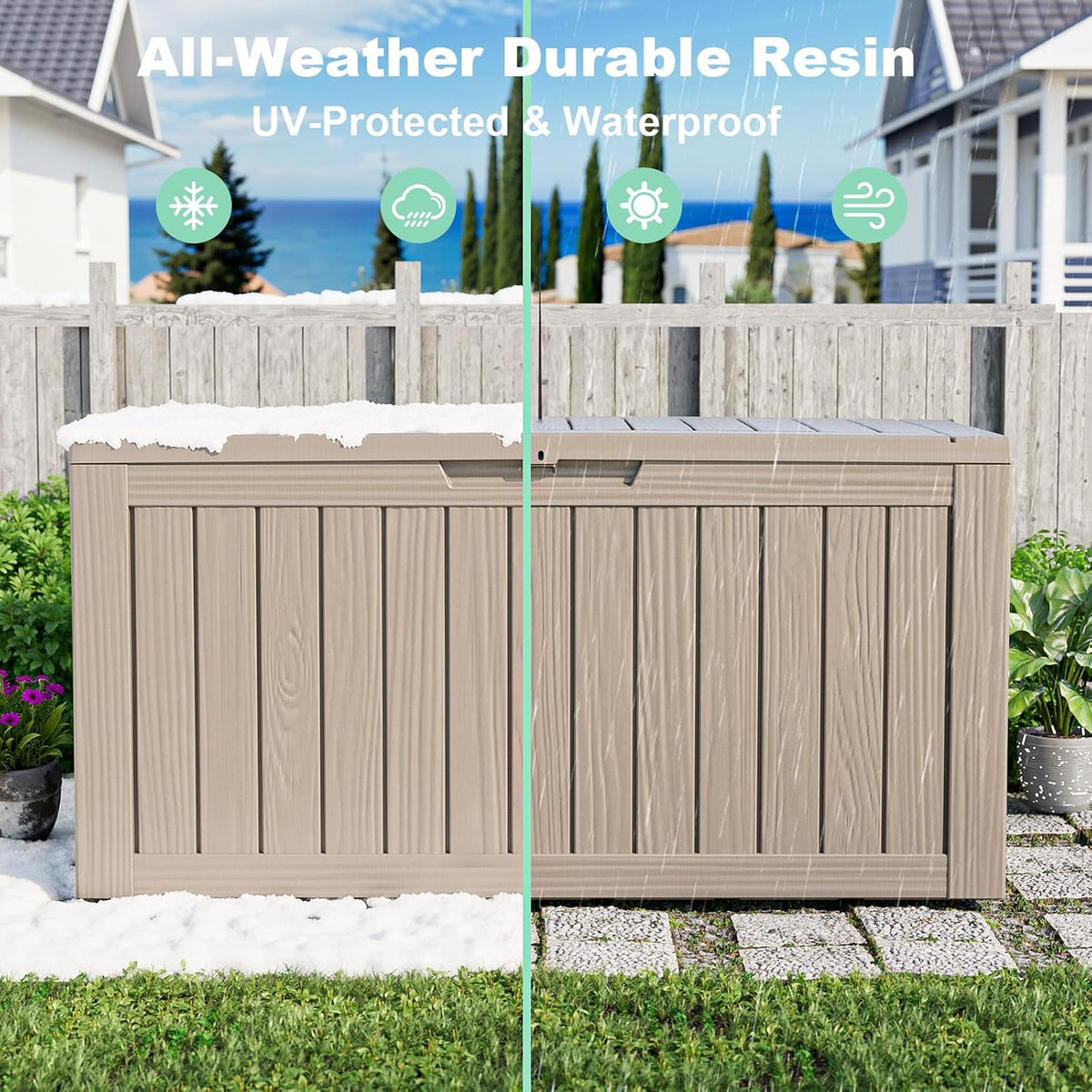 86 gallon deck box, lockable waterproof outdoor storage, side view