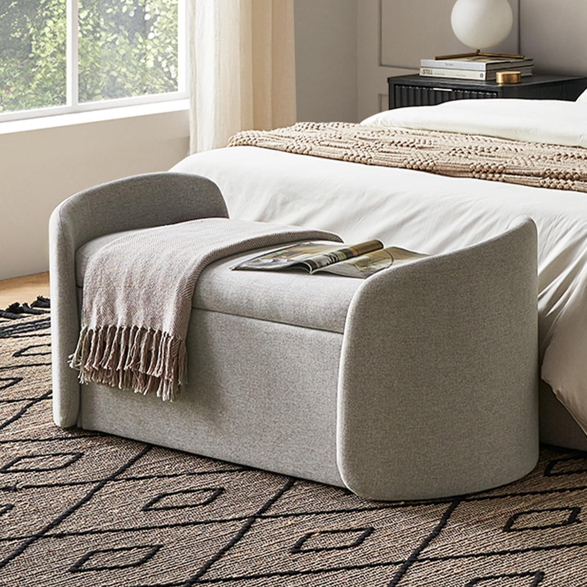 mopio Sophie 51" Ottoman Storage Bench, Entryway and Window Seating, End of Bed Curved Stool for King & Queen Bed, Storage Chest for Bedroom (Light Gray Fabric)