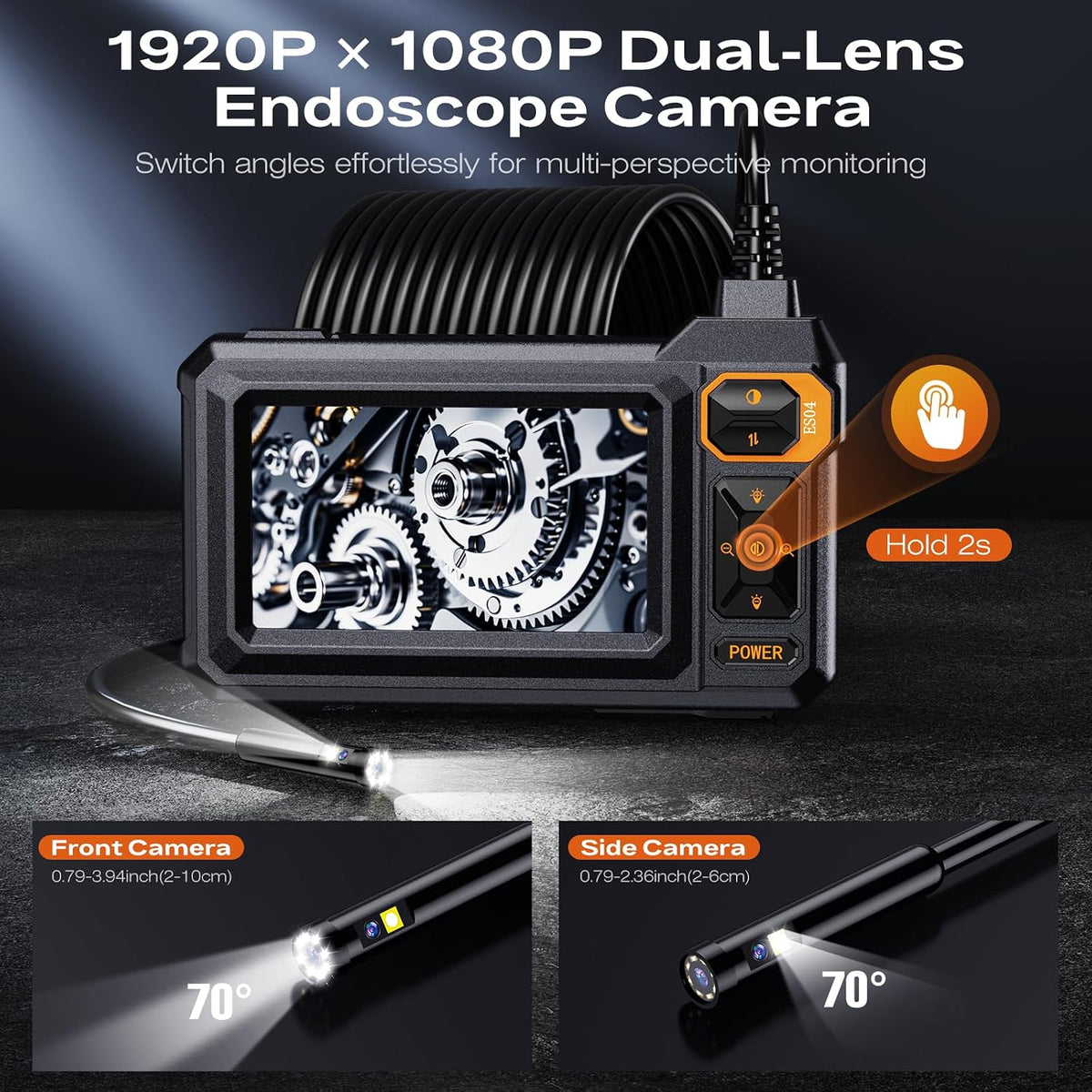 dual lens endoscope camera with light, 4.3" ips shown in use