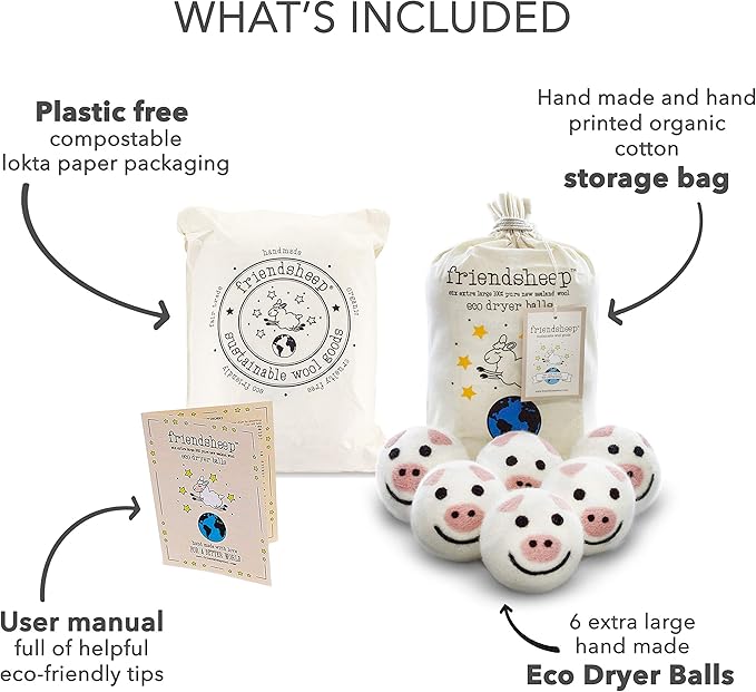 Friendsheep Wool Dryer Balls, Organic Reusable Fabric Softener Alternative (6 Pack)