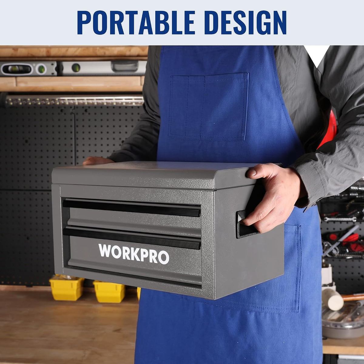 workpro 15-inch metal tool box with 2 drawers, package contents