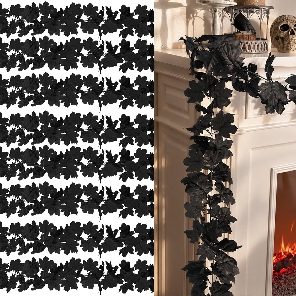 48FT Black Halloween Garland 8pcs Maple Leaf, Table Mantel Gothic Decor